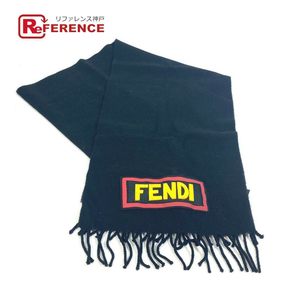フェンディ FENDI スカーフ FXS124 アパレル ロゴ ワッペン フリンジ マフラー ウール ブラック FENDI フェンディ FXS124 アパレル スカーフ ロゴ ワッペン フリンジ